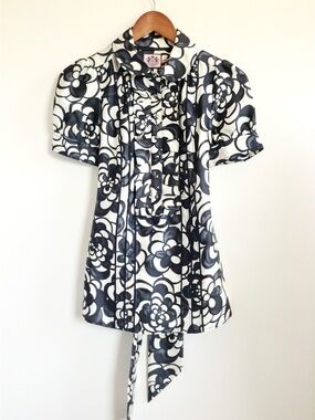 Juicy Couture 100% Silk Abstract Floral Tie-Back Short Puff Sleeves Blouse Sz 2